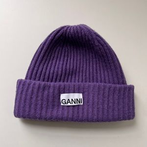 Ganni purple rib knit beanie